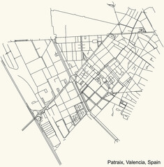 Black simple detailed street roads map on vintage beige background of the quarter Patraix district of Valencia, Spain