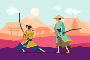 Cartoon battle of two eastern warriors in kimono. Flat vector illustration. Samurai characters fighting with swords in traditional background with torii. Eastern Asia, samurai, fight, culture concept