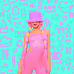 Contemporary digital collage art. Fashion summer girl 90s party style on design pattern background. Text kiss me, true love