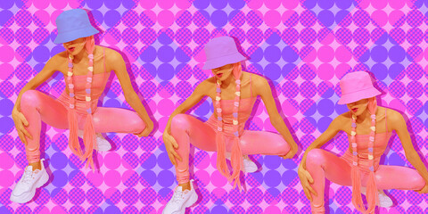 Contemporary collage art. Baner. Fashion summer digital girls 90s party style on design geometry...