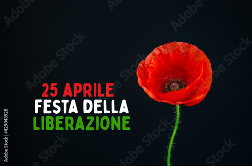 fresh red poppy flower on black background and April 25 Liberation Day text in italian national holiday card, patriotic background flag of Italy