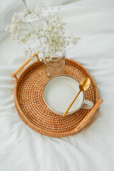 Breakfast in bed, cappuccino, wicker tray, spring, home decor. Cozy.