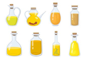 Oil types in glass bottles flat pictures set. Cartoon cold olive, cannabis, canola, corn or coconut oils isolated vector illustrations. Cooking and healthy vegetable seed oil concept