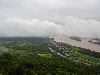 Top View of the Mekong River on clouds day, Thai side, another side is Laos.