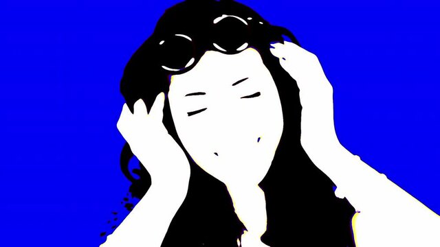 Poster effect: a cute young woman with fancy eyeglasses, having fun while listening to music with headphones. Close-up shot, blue background.

