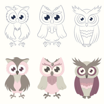 Set of three cartoon owls outlined and in color isolated on a light background, cartoon vector outlines in the form of icons.
