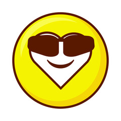 Cute social media face with sunglasses heart emoji on a yellow button. Royalty-free.