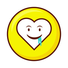 Cute social media drooling face heart emoji on a yellow button. Royalty-free.