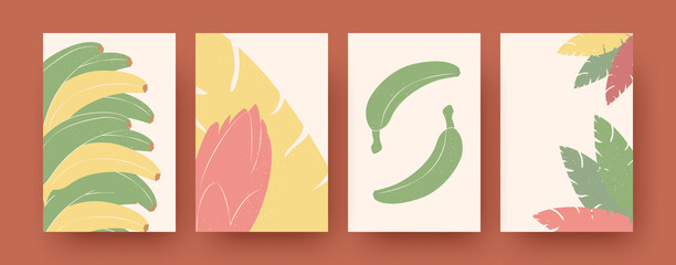 Set of abstract exotic botanical shapes in pastel colors. Minimal banana fruit and leaves templates in retro background. Tropical and healthy food concept for social media, postcards, invitation cards