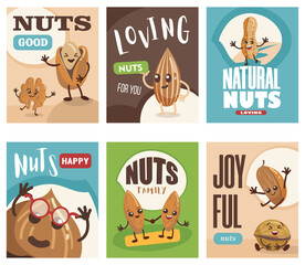 Comic nuts characters banners set. Cartoon vector illustration. Posters with cute almond, hazelnut, peanut, almond, hazelnut. Health, diet, fantasy concept for banner design, landing page