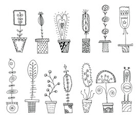 Potted flowers. Abstract doodling style