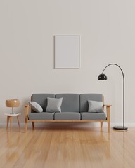 Poster mockup with vertical frames on empty  wall in living room interior with wood chair,Scandinavian style.3d rendering