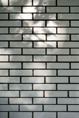 Outdoor white brick wall with dark leaf shadows on summer day. Grey background. Copy space. Vertical photo.