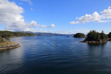 Vestland fiord landscape in Norway. Stokksundet (Stokksund) view with Nautoya and Foyno islands.