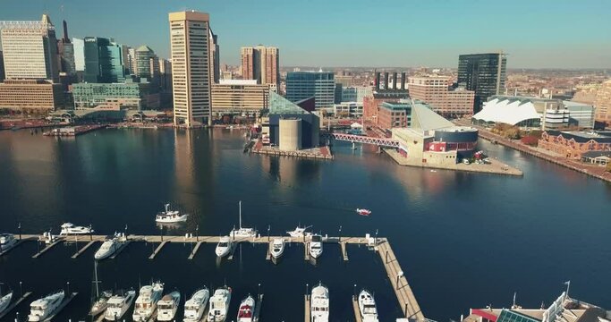 Baltimore city inner harbor skyscrapers panorama bird view