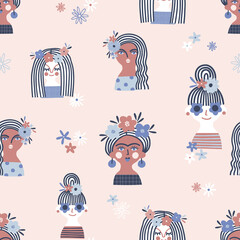 Cute cartoon girl portrait vector seamless pattern. Female face Frida Kahlo character Daisy in hair background. Woman power concert decorative graphic backdrop design