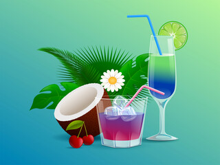 Summer cocktails decorated with flowers, cherries, tropical leaves, coconut, lime, and straws vector cartoon illustration. Refreshment alcoholic drinks with ice cubes in bar glassware.