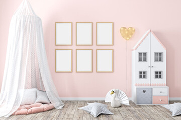 Frame mockup A4, children's room for a girl in pink