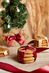 Christmas cookies and red ribbon