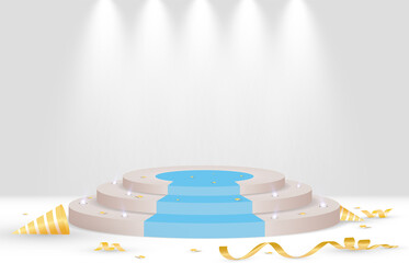 Podium stage for presentations and performances with spotlights and beams of light.
