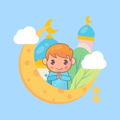 Moslem boy greeting ramadan kareem islamic Premium Vector
