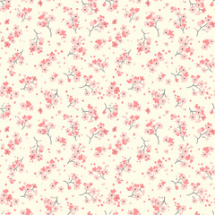 Cute floral pattern in the small flowers. Seamless vector texture. Elegant template for fashion prints. Printing with small coral pink flowers. White background. Stock.