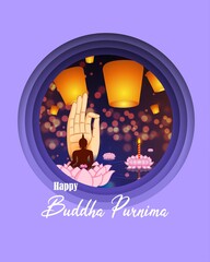 Indian Buddha Purnima festival with text, illustration is showing Buddha seating and absorbed in meditation