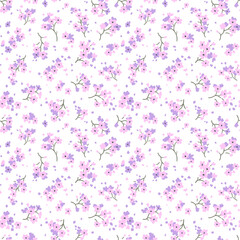 Beautiful vintage floral pattern in small realistic flowers. Small lilac flowers. White background. Liberty style print. Floral seamless background. The elegant the template for fashion prints.