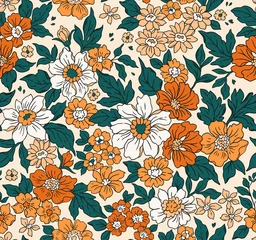 Wall murals Orange Vintage seamless floral pattern. Liberty style background of small golden orange flowers. Small flowers scattered over a white background. Stock vector for printing on surfaces. Realistic flowers.