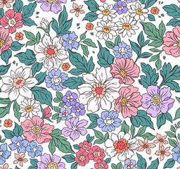 Vintage seamless floral pattern. Liberty style background of small pink and mauve flowers. Small flowers scattered over a white background. Stock vector for printing on surfaces. Realistic flowers.