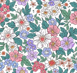 Zelfklevend Fotobehang Uitstekend naadloos bloemenpatroon. Liberty stijl achtergrond van kleine roze en mauve bloemen. Kleine bloemen verspreid over een witte achtergrond. Voorraadvector voor afdrukken op oppervlakken. Realistische bloemen. © ann_and_pen