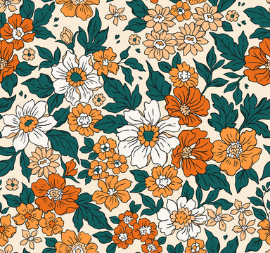 Vintage seamless floral pattern. Liberty style background of small golden  orange flowers. Small flowers scattered over a white background. Stock  vector for printing on surfaces. Realistic flowers. Stock Vector | Adobe  Stock