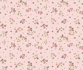 Fototapeta na wymiar Cute seamless vector floral pattern. Endless print made of small white flowers. Summer and spring motifs. Light pink background. Stock vector illustration.