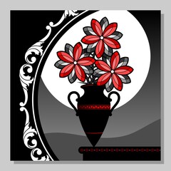 Abstract still life with a bouquet of red flowers in a vase. Wall decor, poster design. Vector illustration.