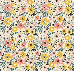 Seamless floral pattern. Ditsy background of small yellow and coral flowers. Small-scale flowers scattered over a ecru background. Stock vector for printing on surfaces and web design.