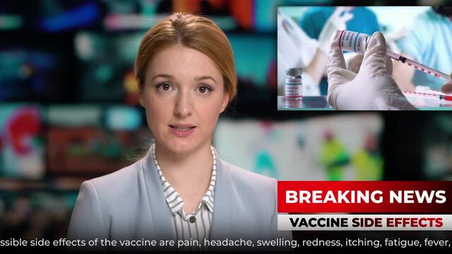 news female presenter talking breaking news about vaccination side effects