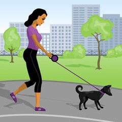 Young woman walking with her puppy  in the park. Vector illustration.