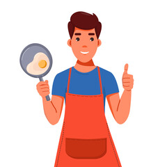 Professional chef with a frying pan. A man with a frying pan of eggs. Excellent breakfast with scrambled eggs. Thumbs up chef. vector illustration flat design. 
