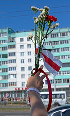 Woman hand holding a bouquet of carnations with white-red-white flag on street background. A symbol of peaceful protests in Belarus against the dictatorship after presidential elections