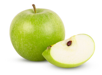 Group of ripe green apples with green apple slice isolated on white background with clipping path