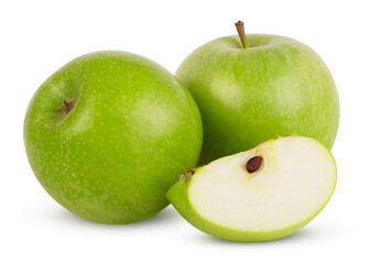 Group of ripe green apples with green apple slice isolated on white background with clipping path