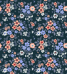 Trendy seamless vector floral pattern. Endless print made of small coral and mauve flowers. Summer and spring motifs. Dark gray background. Stock vector illustration. © ann_and_pen