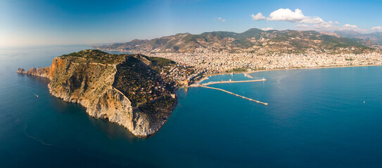 Alanya drone aerial panorama from seaside with fortress, Turkey