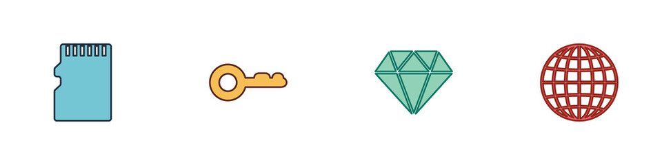 Set Micro SD memory card, Key, Diamond and Earth globe icon. Vector