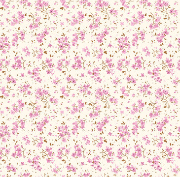 Seamless vintage floral pattern. Beautiful light pink  and mauve flowers on white background. Delicate flowers in modern style. Stock vector for prints on surface. 