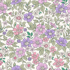 Vintage seamless floral pattern. Liberty style background of small mauve and lilac flowers. Small flowers scattered over a white background. Stock vector for printing on surfaces. Realistic flowers.