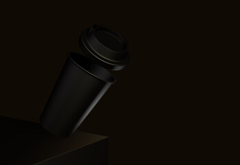 Black paper coffee cups 3d realistic mockup with plastic lid,  isolated 3d rendering. Empty disposable container. coffee branding presentation best mockup 3d render.