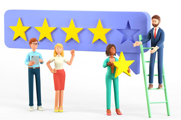 3D illustration of customer service concept with multicultural people characters giving five star feedback. Clients with high quality satisfaction, positive rating and review.