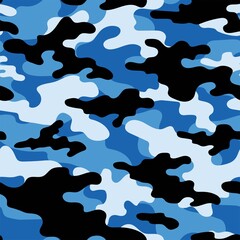 Abstract seamless camouflage blue pattern for printing clothes, fabrics. Army background. Vector design.