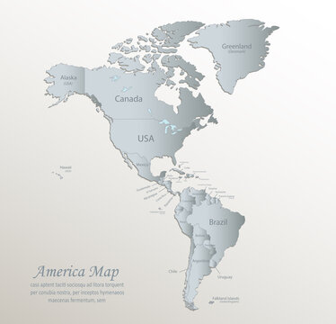 America map, separates states with names, white blue card paper 3D vector
